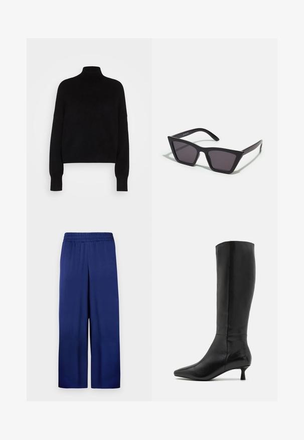 Černý rolák s dlouhými rukávy, zkrácený střih, pletená textura a přitažené manžety. Jednoduchá, jednobarevná bez vzorů.; Námořnické modré široké kalhoty s elastickým pasem, vyrobené z hladké látky, s jednoduchým a funkčním designem bez viditelných vzorů.; Zign Vysoká obuv - black; Černé, ostré sluneční brýle s šedými skly; vyrobené z plastu, s mohutnými rameny a hladkým povrchem bez viditelného hardwaru.; Černá semišová kabelka na ruku se zipovým uzávěrem a odnímatelným zápěstním řemínkem. Vybaveno zlatými kovovými detaily a hladkým, matným povrchem.