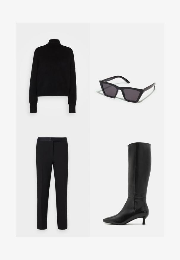 Crna turtleneck pulover s dugim rukavima, skraćenog dizajna, pletena tekstura i pripijeni manžeti. Jednostavna, bez uzoraka, jedna boja.; Crne hlače s glatkom teksturom, ravnog kroja i satenastim pojasom. Imaju minimalne detalje i bez vidljivih uzoraka ili akcenata.; Zign Čizme - black; Crne, uglaste sunčane naočale sa sivoj lećama; izrađene od plastike, imaju debele nogice s glatkom površinom i bez vidljivih metalnih dijelova.; Crna suđena torbica s patentnim zatvaračem i odvojivim ručnim remenom. Ima zlatne metalne detalje i glatku, mat teksturu.