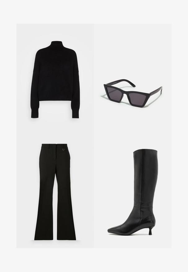 Černý rolák s dlouhými rukávy, zkrácený střih, pletená textura a přitažené manžety. Jednoduchá, jednobarevná bez vzorů.; Černé kalhoty s rozšířenými nohavicemi a hladkou texturou, vybavené předními záhyby, elegantním pasem a malým dekorativním kovovým detailem.; Zign Vysoká obuv - black; Černé, ostré sluneční brýle s šedými skly; vyrobené z plastu, s mohutnými rameny a hladkým povrchem bez viditelného hardwaru.; Černá semišová kabelka na ruku se zipovým uzávěrem a odnímatelným zápěstním řemínkem. Vybaveno zlatými kovovými detaily a hladkým, matným povrchem.
