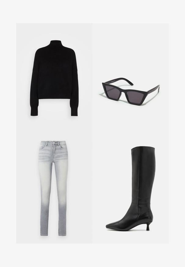 Black turtleneck sweater with long sleeves, cropped design, knitted texture, and fitted cuffs. Simple, solid color without patterns.; Light blue skinny jeans with a gradient wash, featuring five pockets, a front button closure, and slight fading at the thigh.; Zign Boots - black; Black, angular sunglasses with gray lenses; made of plastic, featuring thick arms with a smooth surface and no visible hardware.; Black suede clutch bag with a zip closure and detachable wrist strap. Features gold-tone hardware and a smooth, matte texture.