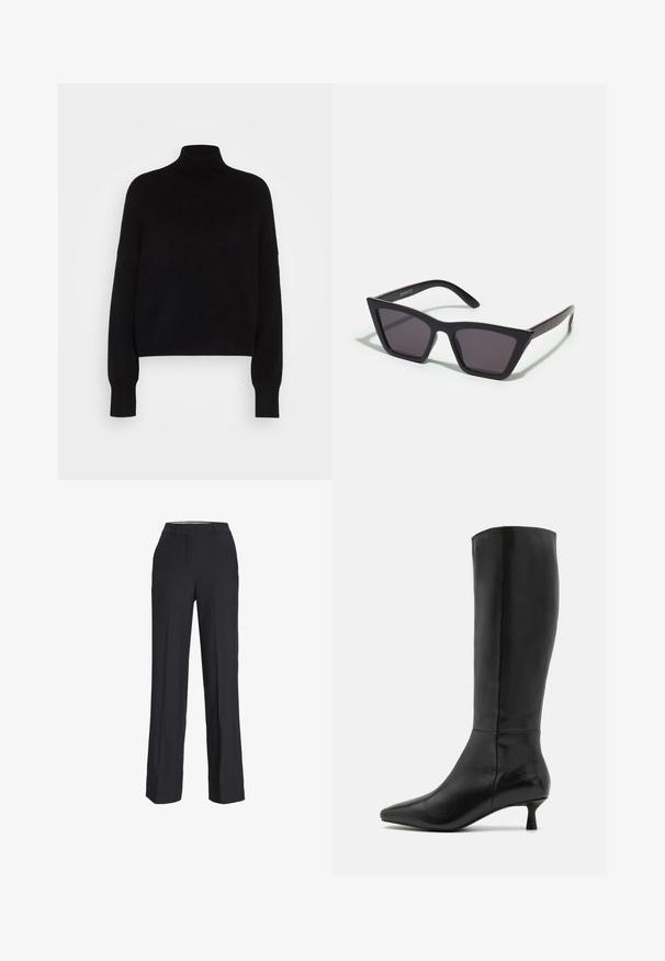 Juodas aukštas megztinis su ilgomis rankovėmis, trumpinta forma, megztos tekstūros ir prigludusiomis rankovėmis. Paprasta, vientisa spalva be raštų.; Juodos, aukšto liemens kelnės su tiesiu kirpimu. Pagamintos iš lygaus audinio, su priekinėmis raukšlėmis ir šoninėmis kišenėmis.; Zign Batai - black; Juodos, kampuotos saulės akinios su pilkais stiklais; pagaminti iš plastiko, su storomis šakėmis, turinčiomis lygų paviršių ir be matomų detalių.; Juodas zomšos sankabos krepšys su užtrauktuku ir nuimamu riešo dirželiu. Krepšys turi auksinės spalvos detales ir lygią, matinę tekstūrą.