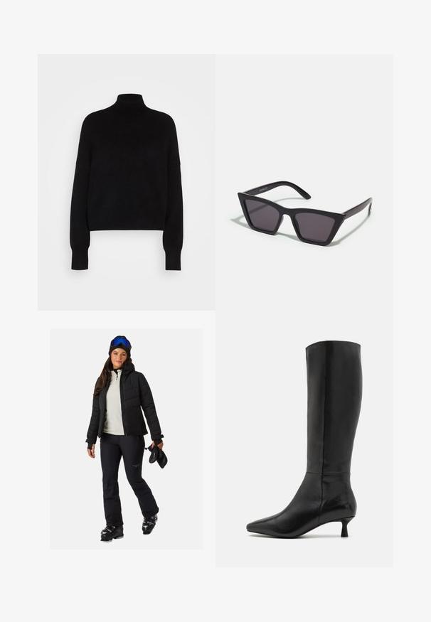 Zwarte coltrui met lange mouwen, cropped ontwerp, gebreide textuur en aansluitende manchetten. Eenvoudig, effen kleur zonder patronen.; Zwarte pufferjack, lichte rits-trui, zwarte skibroek, zwarte skischoenen, met skischoenen in de hand, draagt een beanie en een skibril.; Zign Laarzen - black; Zwarte, hoekige zonnebril met grijze lenzen; gemaakt van plastic, met dikke armen met een gladde oppervlakte en zonder zichtbare hardware.; Zwarte suède clutchtas met een ritssluiting en een afneembare polsband. Voorzien van goudkleurige hardware en een gladde, matte textuur.