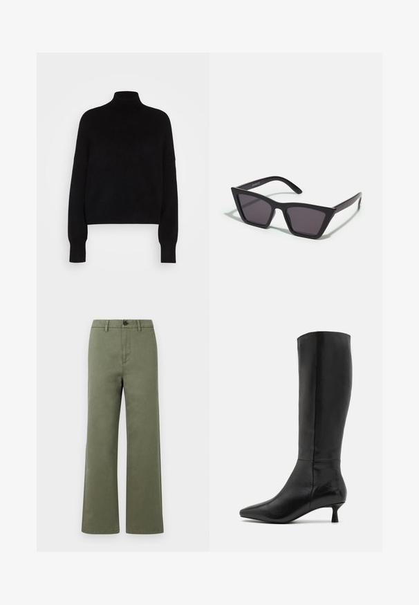 Čierny rolák s dlhými rukávmi, skrátený strih, pletená textúra a priliehavé manžety. Jednoduchá, jednoliata farba bez vzorov.; Olivové rovné nohavice s pútkami na opasok, gombíkovým zapínaním a predným zipsom na bielom pozadí.; Zign Čižmy - black; Čierne, ostré slnečné okuliare so sivými sklami; vyrobené z plastu, majú hrubé ramená s hladkým povrchom a bez viditeľnej mechaniky.; Čierna semišová kabelka na ruku so zipsovým uzáverom a odnímateľným zápästným popruhom. Obsahuje zlaté kovové komponenty a hladký, matný povrch.