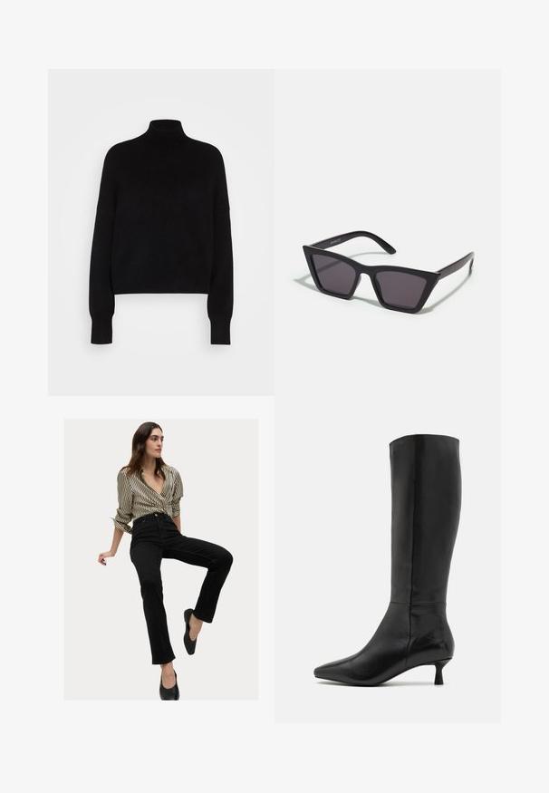 Fekete garbós pulóver hosszú ujjal, cropped fazonban, kötött textúrájú és szűkített mandzsettákkal. Egyszerű, egyszínű, minta nélkül.; Fekete, magas derekú farmernadrág csíkos, krémszínű és fekete, gombos inggel párosítva. Az outfit laza szabással és sima textúrával rendelkezik.; Zign Csizmák - black; Fekete, szögletes napszemüveg szürke lencsékkel; műanyagból készült, vastag karokkal, sima felülettel és látható hardver nélkül.; Fekete velúr kisestély tasak cipzárral és levehető csuklópánttal. Aranyszínű hardware-rel és sima, matt textúrával rendelkezik.