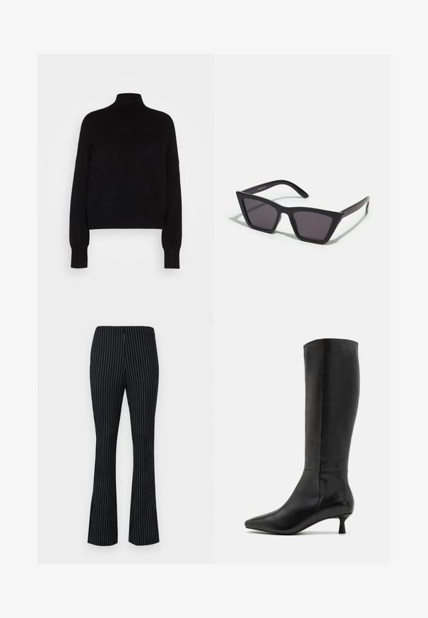 Črna turtleneck pulover s dolgimi rokavi, krajša zasnova, pletena tekstura in oprijeti manšeti. Preprost, enobarven brez vzorcev.; Črne flare hlače z belimi navpičnimi črtami, ki imajo elastičen pas in gladko, teksturirano površino.; Zign Škornji - black; Črne, angularne sončne očala z sivimi lečami; izdelana iz plastike, imajo debele ročke z gladko površino in brez vidne opreme.; Črna semiš torbica z zadrgo in odstranljivim zapestnim trakom. Ima zlate kovinske dodatke in gladko, mat površino.