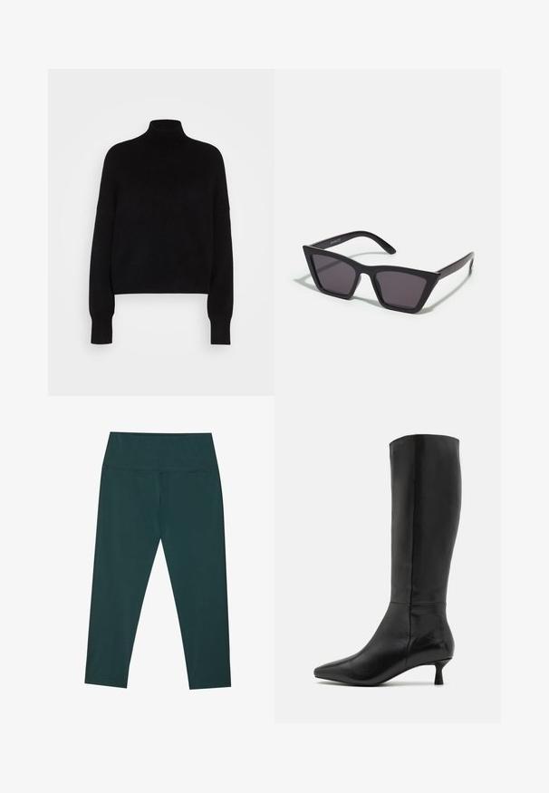 Musta poolpikkade varrukatega sviiter, mis on kootud tekstuuriga ja kitseneva disainiga. Lihtne, ühevärviline, ilma mustrita.; Tummanvihreät capri-legginsit korkealla vyötäröllä, valmistettu sileästä ja joustavasta materiaalista. Ominaisuuksina litteät saumat ja optimaalinen istuvuus.; Zign Saappaat - black; Mustat, kulmikkaat aurinkolasit harmailla linsseillä; valmistettu muovista, paksuilla varsilla, joissa on sileä pinta ja ilman näkyvää metalliosaa.; Musta nubukista valmistettu ristikkokassi, jossa on vetoketjusulku ja irrotettava rannekapseli. Varustettu kultasävyisillä osilla ja sileällä, matalla pinnalla.