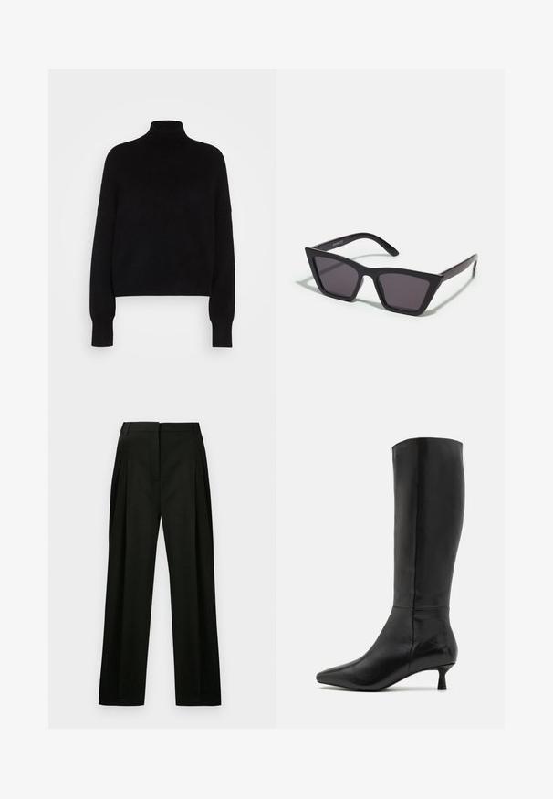 Fekete garbós pulóver hosszú ujjal, cropped fazonban, kötött textúrájú és szűkített mandzsettákkal. Egyszerű, egyszínű, minta nélkül.; Fekete, bő szárú nadrág textúrált anyagból, elülső redőkkel és tiszta, szabott derékkal. Nincsenek látható zsebek vagy díszítések.; Zign Csizmák - black; Fekete, szögletes napszemüveg szürke lencsékkel; műanyagból készült, vastag karokkal, sima felülettel és látható hardver nélkül.; Fekete velúr kisestély tasak cipzárral és levehető csuklópánttal. Aranyszínű hardware-rel és sima, matt textúrával rendelkezik.