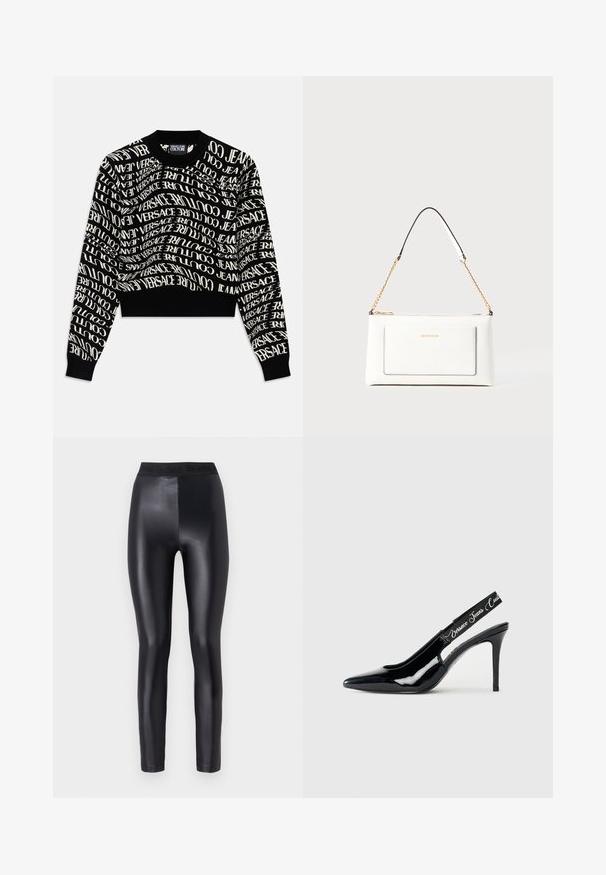 Melna īsa džemperis ar baltiem, viļņojošiem uzrakstiem "VERSACE JEANS COUTURE". Ribota apkakle un piedurknes, adīta tekstūra, minimālistisks dizains.; Melnas augsta josta leggingas ar spīdīgu gludu tekstūru, ar elastīgu jostu, uz kuras ir iepresēta logo uzraksts.; Melna lakota āda ar aizsistēm slingi, ar norādītas formas purngalu, kas satur izgriezumu un elastīgu siksniņu ar iegravētu zīmola nosaukumu.; Baltā ādas rokassomu ar teksturētu apdari, ar zelta ķēdes siksnu un melniem akcentiem. Iekļauj priekšējo kabatu un aizdari ar rāvējslēdzēju.