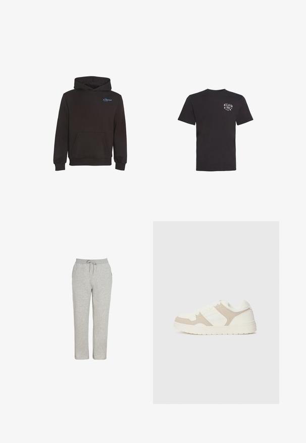 Juodas gobtuvu megztinis su priekiu kišene ir mažu mėlynu užrašų logotipu viršutiniame kairiajame krūtinės plote.; Juodas medvilninis marškinėliai trumpomis rankovėmis, apvalia kaklo iškirpte ir baltu spaudiniu su tekstu bei žvaigždėmis kairėje krūtinės pusėje.; Pilkos spalvos laisvalaikio kelnės iš minkštos medžiagos, turinčios elastingą juosmenį su raišteliu, tiesios kojos dizainą, be matomų raštų ar akcentų.; Baltos ir smėlio spalvos sportbačiai, turintys sklandžių ir zomšinių tekstūrų derinį, apvalūs pirštai, su raištelių užsegimu ir plokščiu guminio pado dizainu.