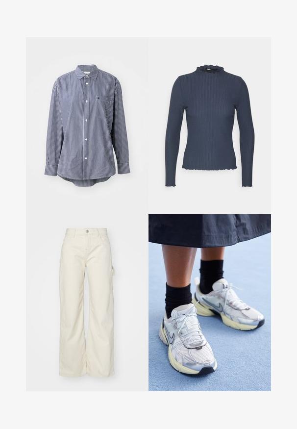 Marineblå langærmet top i ribbet tekstur. Har en høj hals med en bølget kant og en tætsiddende design.; Marineblå og hvidstribet langærmet skjorte med klassisk krave, forlommer og knaplukning. Blødt stof med en glat tekstur.; Bredde bukser i lys beige stof, med høj talje, forlommer og en sidesløjfedetail for øget funktionalitet.; Hvide og sølv Nike sneakers med mesh-stof, reflekterende detaljer og en beige sål. Bæres med sorte sokker og står på en blå overflade.