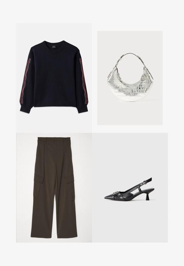 Marineblauwe trui met een ronde halslijn, lange mouwen en patroonaccenten in rood, geel en wit langs de zijkanten. Gemaakt van zachte stof.; Bruine wijde cargobroek van textuurstof, met twee zijzakken met kleppen en een rechte snit van de taille tot de zoom.; Zwarte leren slingback schoen met een puntige neus, decoratieve banden met metalen oogjes en een lage blokhak. Textuur oppervlak.; Zilveren croco-geëmbosseerde handtas met een gebogen vorm, een leren handvat in bruin en metalen accenten, voorzien van een decoratieve bedel.
