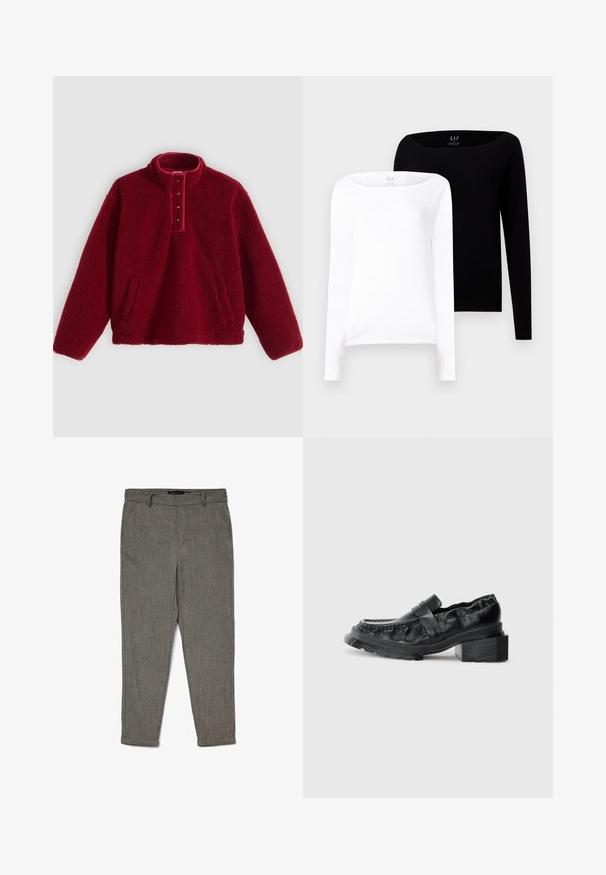 Punane villane pusaka kõrge krae ja nelja nupuga prossiga, millel on kaks küljetaskut ja pehme, tekstuurse pinnaga.; Kaks pikka varrukatopsi. Üks valge ja teine must, mõlemad kerged puuvillased, laia paadikaeluse ja kitsaste lõigetega.; Meeste hallid kitsenevad pidžamapüksid, millel on vööklambrid, küljetaskud ja mansetid, valmistatud tekstuuriga kangast.; Mustad nahast loafers, millel on struktureeritud tald, kergelt tõstetud plokknina konts ja tekstureeritud ülaserv, mis on kinnitatud ees oleva rihmaga.