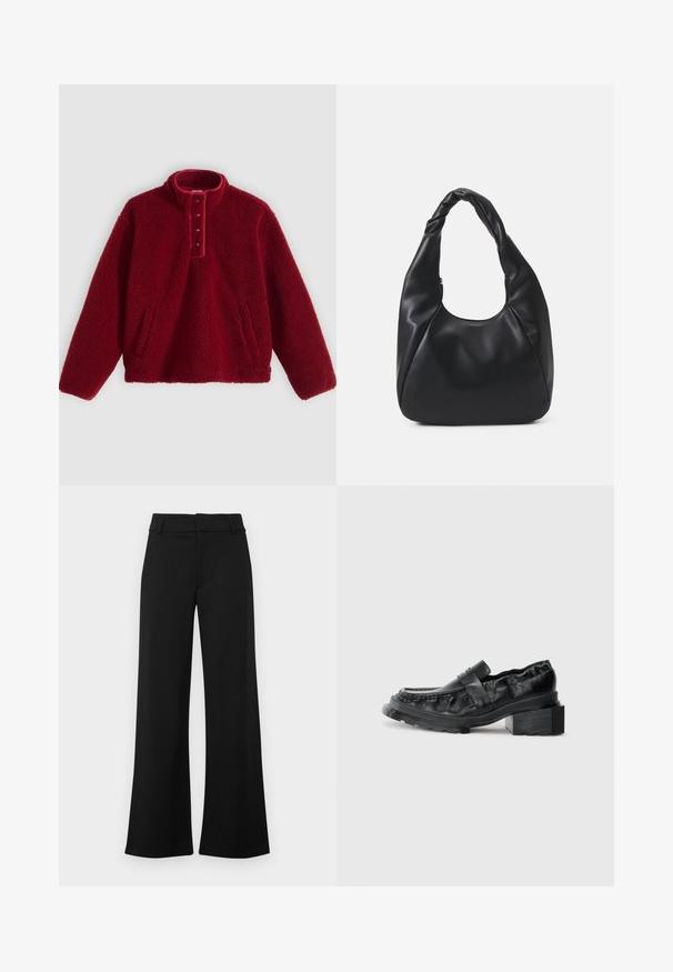 Red fleece pullover with a high collar and four-button placket, featuring two side pockets and a soft, textured surface.; Two long-sleeve tops. One white and one black, both lightweight cotton with a wide boat neckline and slim fit.; Black wide-leg trousers with a smooth texture, featuring a flat front, belt loops, and no visible pockets. Clean, minimalist design.; Black leather loafers with a structured sole, featuring a slightly raised block heel and a textured upper, secured by a front strap.; Black hobo bag made of smooth leather-like material with a twisted handle, featuring a soft, rounded shape and a top zipper closure.; Set of twelve hoop earrings in silver and gold tones. Includes twisted, smooth, and textured designs with various sizes and finishes.
