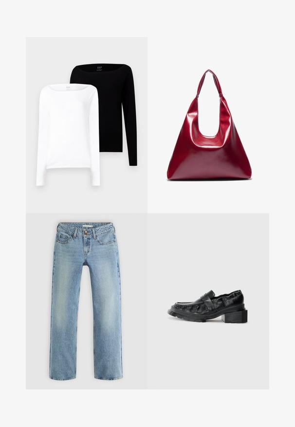 Sarkans flīsa džemperis ar augstu apkakli un četru pogu aizdares joslu, divām sānu kabatām un mīkstu, teksturētu virsmu.; Divi garām piedurknēm tops. Viens balts un otrs melns, abi viegli kokvilnas ar platām laivu kakla izgriezumiem un šaurus piegriezumu.; Gaiši zila taisna kāju džinsi, izgatavoti no denima, ar pogu aizdari, piecām kabatām un vieglu izbalēšanu gar kājām.; Melnas ādas loafers ar strukturētu zoli, kurai ir nedaudz pacelts bloku papēdis un teksturēts virspusē, nodrošināts ar priekšējo siksniņu.; Sarkani spīdīgi ādas rokassomu ar triāla formu, plašu augšējo atveri un vienu izliekta roktura. Gluda tekstūra ar minimāliem šuvju detalizējumiem.; Divpadsmit auskaru komplekts ar riņķiem sudraba un zelta tonī. Ietver vītņotus, gludus un teksturētus dizainus ar dažādiem izmēriem un apdares veidiem.