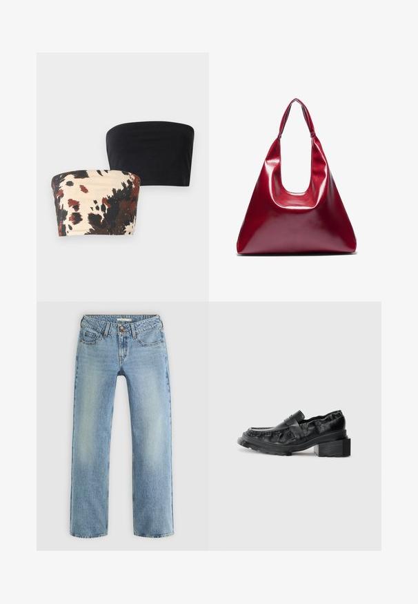 Red fleece pullover with a high collar and four-button placket, featuring two side pockets and a soft, textured surface.; Two strapless bandeau tops: one solid black, the other cream with a bold black and reddish-brown abstract pattern. Stretchy cotton material.; Light blue straight-leg jeans made of denim, featuring a button closure, five pockets, and subtle fading along the legs.; Black leather loafers with a structured sole, featuring a slightly raised block heel and a textured upper, secured by a front strap.; Red glossy leather handbag with a triangular shape, wide top opening, and a single curved handle. Smooth texture with minimal stitching details.; Set of twelve hoop earrings in silver and gold tones. Includes twisted, smooth, and textured designs with various sizes and finishes.