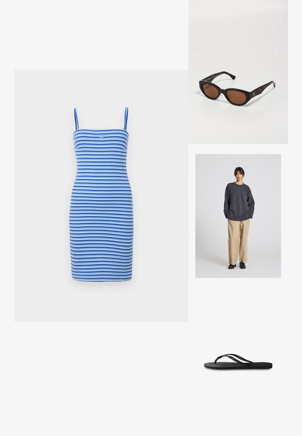 Pelēks džemperis ar brīvu piegriezumu un ribotām malām, savienots ar beidzot biksēm un melniem apaviem. Gluda tekstūra, minimālistisks dizains.; Cieti pieguļošais kleita ar maiņojošām zilām un gaiši zilām svītrām, izgatavota no ribota auduma, ar pieguļošu siluetu un logotipa detaļu pie krūtīm.; Melni čības ar teksturētu gumijas zoli, divām plānām siksniņām un smalku, iespiedotu logotipa detaļu uz siksniņas.; Melnas bruņurupuču stila saulesbrilles ar brūniem stikliem, leņķveida dizains un platas kājas ar smalku logo detaļu. Gluda plastmasas tekstūra.