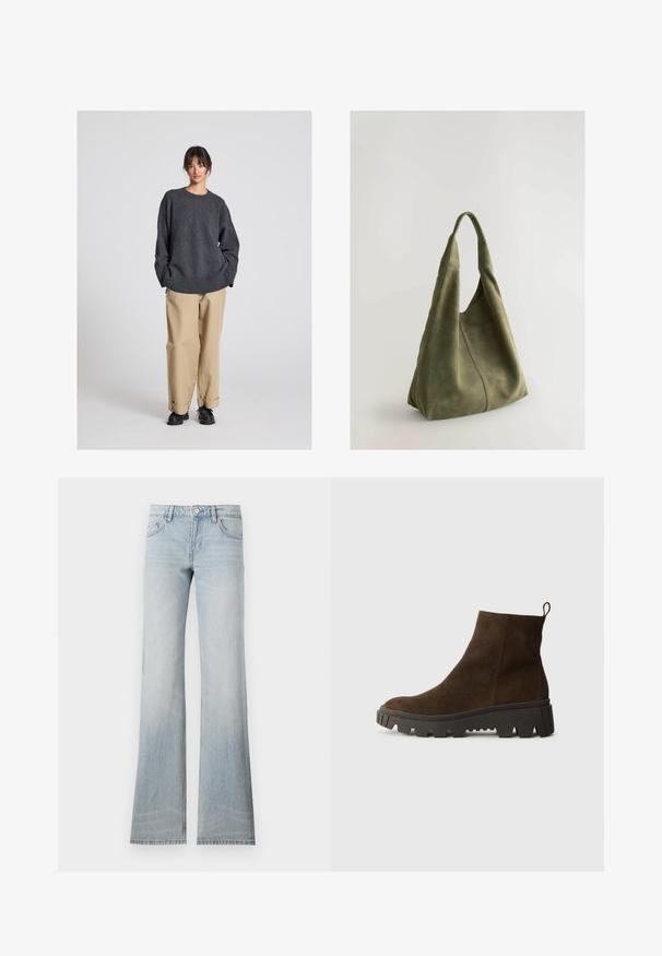 Sivý sveter s voľným strihom a rebrovaným lemom, doplnený béžovými nohavicami s manžetami a čiernymi topánkami. Hladká textúra, minimalistický dizajn.; Svetlomodré riflové nohavice s rozšírením, so vzorom vyblednutia, piatimi vreckami a zapínaním na gombík. Tkanina má hladkú textúru a jemný elastický efekt.; Hnedé semišové členkové topánky s hrubou čiernou gumovou podrážkou, s mierne zvýšeným opätkom a s pútkom na zadnej strane pre jednoduché obliekanie.; Zelená semišová taška s mäkkou textúrou, uvoľneným dizajnom a prešitými švami. Zahrnuje jeden popruh a otvorenú hlavnú priehradku.
