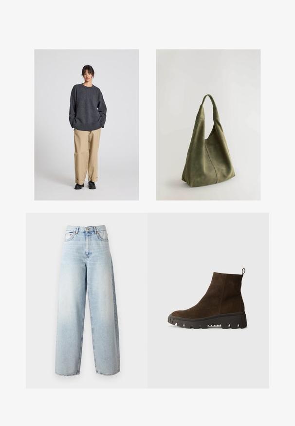 Pilkas megztinis su laisva silueto forma ir raukšlėta apdaila, derinamas su smėlio spalvos kelnių su užvyniotais kraštais ir juodais batais. Lygus tekstūras, minimalistiškas dizainas.; Samsøe Samsøe HARPER - Platėjantys džinsai - frozen snow; Rudos zomšiniai auliniai batai su masyvi juoda guminėmis padais, turintys šiek tiek pakylą ir kilpą gale, kad būtų lengva užsidėti.; Žalia suedinė rankinė su minkšta tekstūra, laisvu dizainu ir siuvinėtomis siūlėmis. Yra viena rankena ir atvira pagrindinė erdvė.