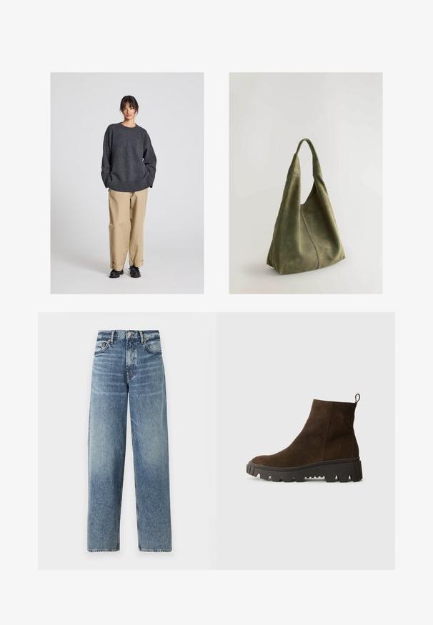 Szürke, laza szabású pulóver, bordás szegéllyel, bézs, felhajtott nadrággal és fekete cipővel párosítva. Sima textúra, minimalista dizájn.; Világoskék farmernadrág egyenes fazonnal, magas derékkal és enyhe kopással. Öt zseb, valamint gombos záródás jellemzi.; Barna velúr bokacsizma masszív fekete gumitalppal, enyhén sarokkal és hátul elhelyezett húzófüllel a könnyű felvétel érdekében.; Zöld nubuk bőr kézitáska, puha tapintással, laza kialakítással és varrott varrással. Egyetlen fogantyúval és nyitott fő rekesszel rendelkezik.