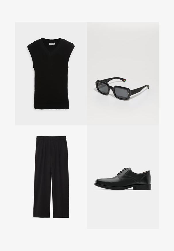 Černá bezrukávová pletená vesta s výstřihem do V a ribbovanou texturou, se hladkým lemem a bez dalších ozdob.; Černé široké kalhoty s skladaným předním dílem, bočními kapsami a hladkou texturou tkaniny. Navrženy pro pohodlný střih.; Černé kožené společenské boty s lesklým povrchem, zaoblenou špičkou, šněrovacím designem, kontrastním prošíváním a nízkým gumovým podpatkem.; Černé obdélníkové sluneční brýle s tmavými skly, silnými rámy, zlatými akcenty a duhovým pruhovaným detailem na straně.