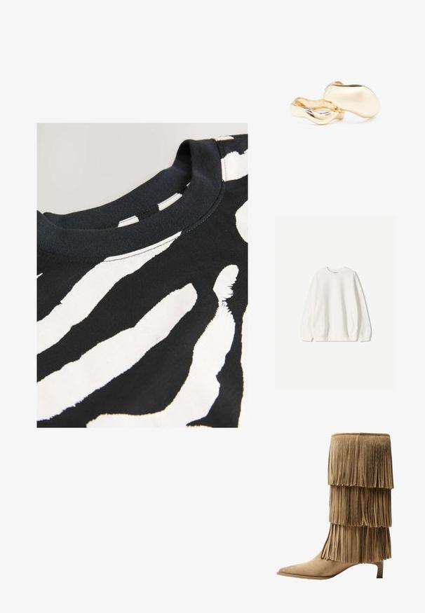 Bershka Felpa - white; T-shirt nera con un audace motivo a strisce bianche simile a una zebra, scollatura rotonda, maniche corte e una morbida texture in cotone.; Stivale alla caviglia in suede color ocra con tre strati di frange. Punta affusolata e tacco basso a blocco. Texture liscia su tutta la superficie.; Orecchini color oro con una forma organica simile a un fagiolo e una superficie liscia e riflettente; presentano un design minimalista senza hardware visibile.
