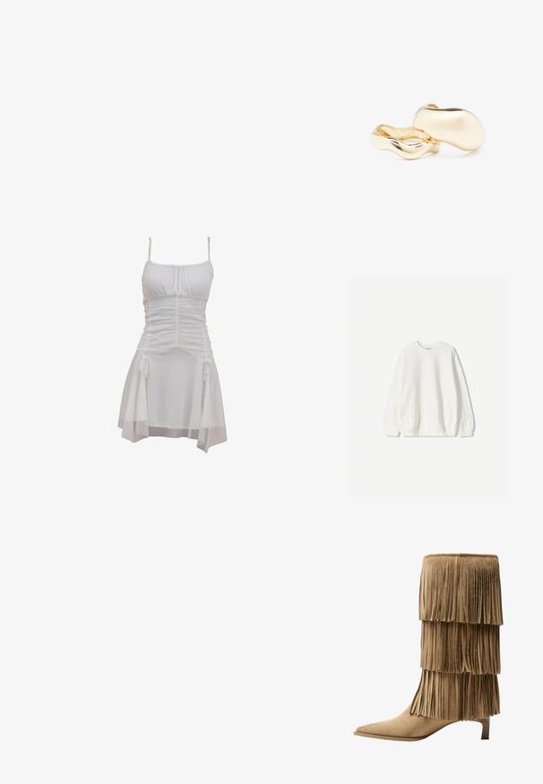 Bershka - Bluza; Biała sukienka z regulowanymi ramiączkami w stylu spaghetti, marszczonym stanikiem i zwiewną spódnicą z bocznymi wiązaniami oraz warstwowym dołem.; Botki na kostkę w kolorze jasnobrązowym z zamszu, z trzema warstwami frędzli. Szpiczasty nos i niski klocek. Gładka faktura na całej powierzchni.; Złote kolczyki o organicznym, fasolowym kształcie i gładkiej, refleksyjnej powierzchni; cechują się minimalistycznym designem bez widocznych elementów mocujących.