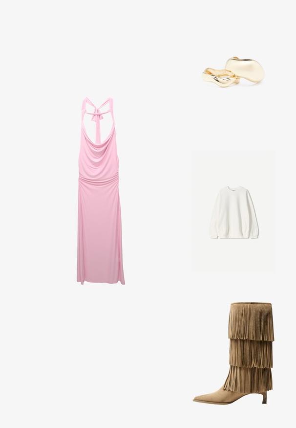 Bershka Sweatshirt - white; Rosa ärmelloses Kleid aus weichem Stoff, mit einem Schalkragen, geraffter Taille und einem Überkreuz-Rücken-Detail mit einer Schleife.; Fransen-Stiefelette aus taupefarbenem Wildleder mit drei Lagen Fransen. Spitz zulaufende Zehenpartie und ein niedriger Blockabsatz. Durchgehend glatte Oberfläche.; Goldfarbene Ohrringe mit einer organischen, bohnenähnlichen Form und glatter, reflektierender Oberfläche; verfügen über ein minimalistisches Design ohne sichtbare Hardware.
