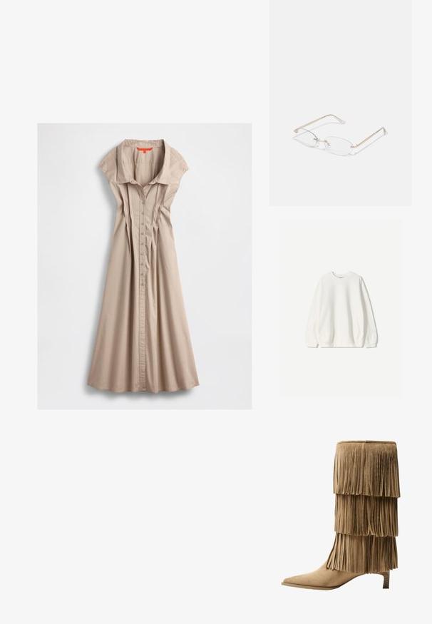 Bershka Sweatshirt - white; Beige Baumwollkleid mit Kragen, kurzen Ärmeln, durchgehender Knopfleiste und Falten-Details, das am Saum ausgestellt ist.; Fransen-Stiefelette aus taupefarbenem Wildleder mit drei Lagen Fransen. Spitz zulaufende Zehenpartie und ein niedriger Blockabsatz. Durchgehend glatte Oberfläche.; Goldfarbene Metallbrille mit ovalen Gläsern, schlanken Bügeln und klaren Nasenpolstern. Verfügt über subtile Scharnierakzente und transparente Gläser.