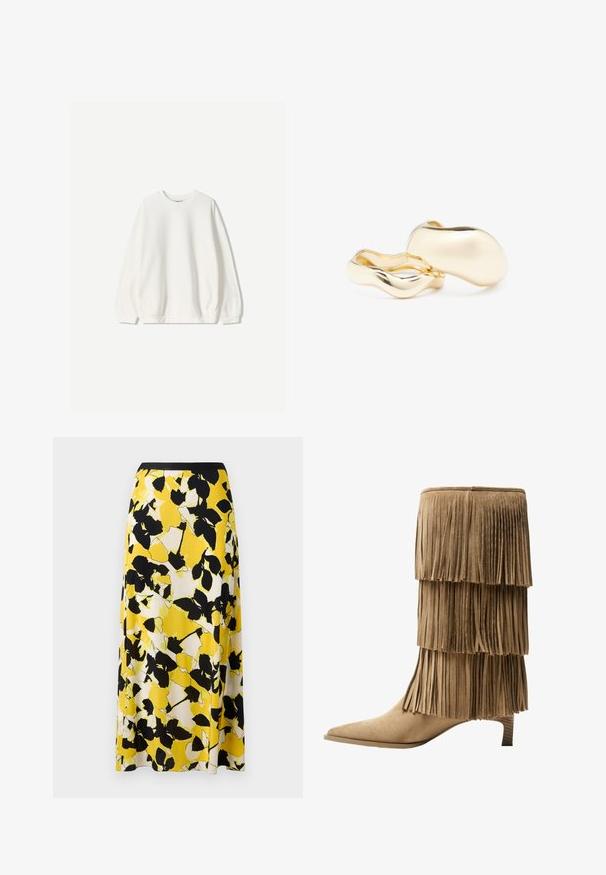 Bershka Bluză de molton - white; Fustă galbenă cu flori, prezentând modele de frunze în alb și negru, dintr-un material fluid și cu un brâu negru ajustat. Siluetă tip A.; Botine cu fringuri până la gleznă, din suede crem, cu trei straturi de fringuri. Vârf ascuțit și toc mic. Textură netedă pe întreaga suprafață.; Cercei de culoare aurie cu o formă organică, asemănătoare unui bob, și o suprafață netedă, reflectantă; prezintă un design minimalist, fără hardware vizibil.