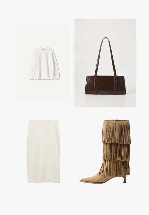 Bershka Športni pulover - white; Srednje dolga, ravna bela krila iz teksturirane tkanine s subtilnim tkanjem. Brez vidnih kovinskih delov ali okrasnih elementov.; Čizme s frinžom do gležnja iz svetlosmeđeg nubuka s tremi slojevitimi frinžami. Špičast sprednji del in nizek blok peto. Gladka tekstura po vsej površini.; Rjav lakiran usnjeni ročni torbica pravokotne oblike, z dvema dolgima ročajema in subtilnimi ukrivljenimi poudarki spredaj.; Zlate uhanice z organsko obliko, podobno fižolu, s gladko in odsevno površino; imajo minimalističen dizajn brez vidne opreme.