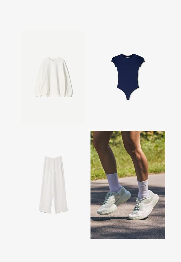 Bershka Športni pulover - white; Bordo modra bodysuit s kratkimi rokavi, izdelana iz gladkega blaga. Ima okroglo izreza in visok izrez noge.; Bele široke hlače iz lahkega materiala. Imajo elastičen pas s vrvico in stranske žepe. Gladka tekstura.; Svetlo mentolno zeleni športni čevlji z gladko teksturo, zaobljenim nosom in debelim podplatom. V kombinaciji z belimi nogavicami do gležnjev, prikazani v gibanju na poti.