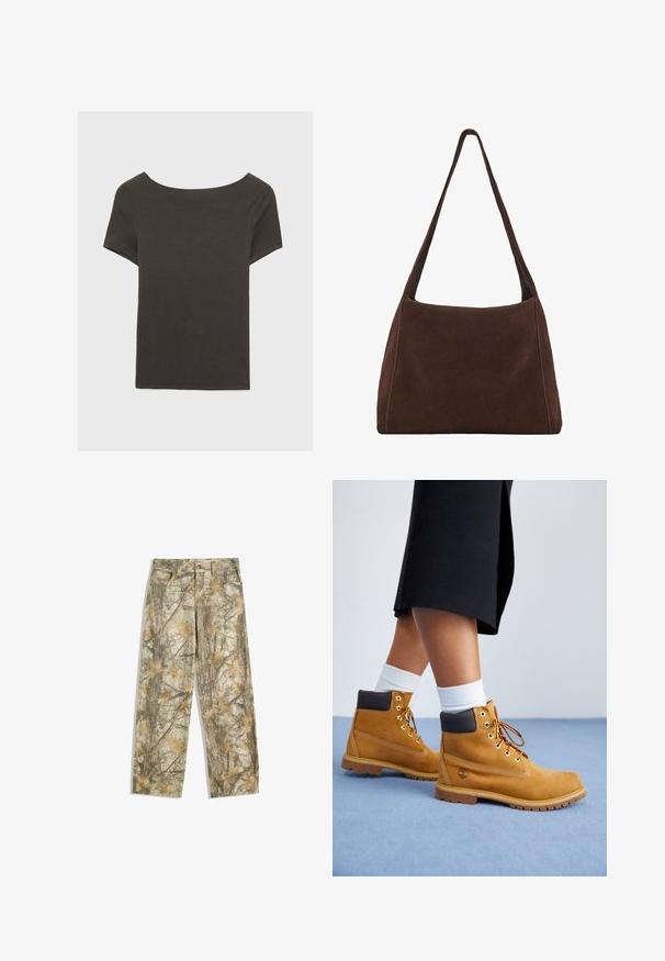 Bershka Collegepaita - white; Tummanharmaa lyhythihainen paita, jossa on venepääntie. Valmistettu ribbikankaasta, jossa on rento istuvuus ja siisti helmaviimeistely. Yksinkertainen muotoilu, ilman kuvioita.; Takit vaatteet, joissa on monivärinen vihreä ja ruskea lehtikuosi, jossa on vakioviisi-taskuinen muotoilu ja löysä istuvuus.; Tan-suede nilkkurit ruskeilla nahkaakkosilla, kultaisilla silmukoilla ja tekstuuripohjalla. Valkoiset sukat näkyvät kenkien yläpuolella.; Ruskea anteeksiantava olkalaukku, jossa on löysä muoto, yksinkertainen leveä hihna ja yksinkertainen muotoilu. Ominaisuuksiin kuuluvat näkyvät saumat reunoilla.