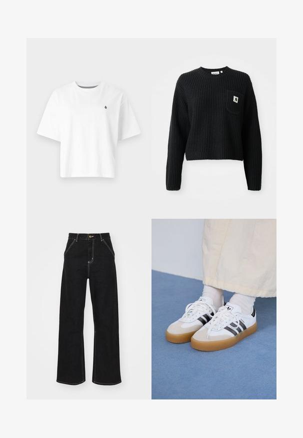 Schwarzer gerippter Strickpullover mit rundem Ausschnitt, langen Ärmeln und einer Fronttasche mit einem kleinen Logopatch. Verkürzte Länge.; Weißes Baumwoll-T-Shirt, kurze Cropped-Design, kurze Ärmel, runder Halsausschnitt, mit einem kleinen schwarzen Logo auf der linken Brust.; Schwarze weit geschnittene Jeans aus Denim, mit kontrastierenden weißen Nähten und einem vorderen Knopfverschluss, ausgestattet mit zwei schrägen Fronttaschen.; Weiße Sneaker mit schwarzen Streifen und beigen Wildlederakzenten. Besitzen eine strukturierte Gummisohle und flache weiße Schnürsenkel, getragen mit hellen Socken.