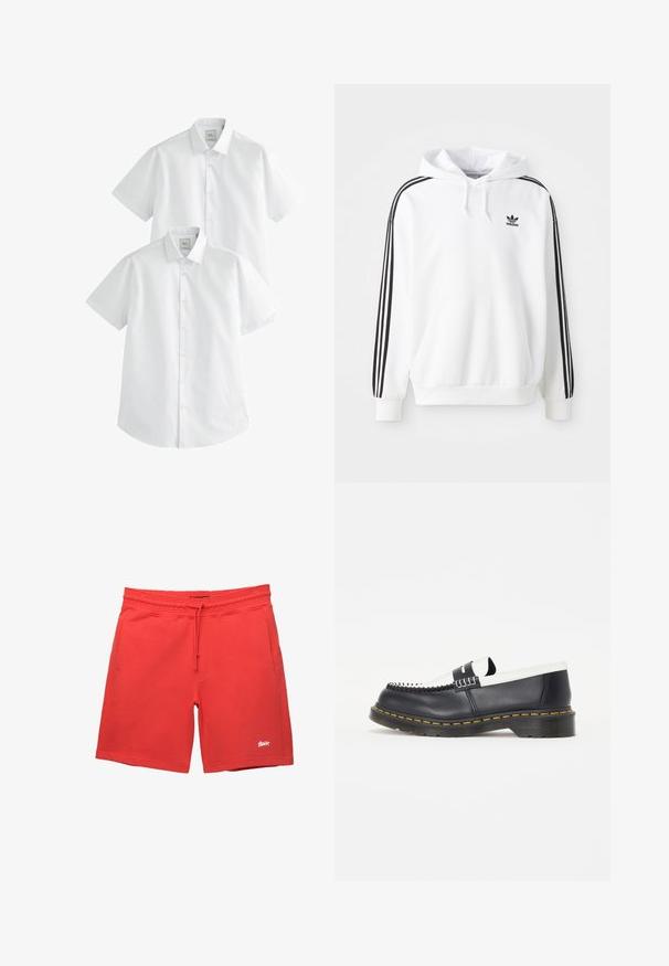 Felpa bianca con tasca a marsupio frontale, cappuccio con cordino e logo Adidas nero. Presenta strisce nere lungo le maniche. Tessuto morbido.; Camicie bianche a maniche corte in confezione da due, con colletto button-down e una texture in cotone morbido, progettate per l'abbigliamento casual.; Shorts rossi in cotone con vita regolabile, tasche laterali e un piccolo logo bianco sull'orlo sinistro. Tessuto liscio, design a gamba dritta.; Scarpa slip-on in pelle nera con un accento in pelle bianca. Presenta cuciture decorative e una suola in gomma con rifiniture gialle. Design con punta rotonda.