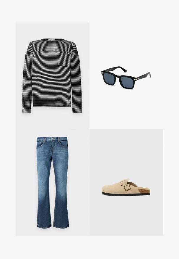 Camicia a maniche lunghe a righe in bianco e nero, con scollo arrotondato e una piccola tasca sul lato sinistro del petto. Tessuto in cotone liscio.; Jeans a palazzo in denim blu con lavaggio medio, dotati di cinque tasche, chiusura con zip e leggera scoloritura verso l'orlo.; Zoccoli beige in suede con piede in sughero, punta rotonda e una semplice fascia con una fibbia dorata. Suola in gomma per una buona aderenza.; Occhiali da sole neri a forma quadrata con lenti scure, finitura opaca e dettagli in metallo dorato sulle tempie, caratterizzati da un design minimalista.