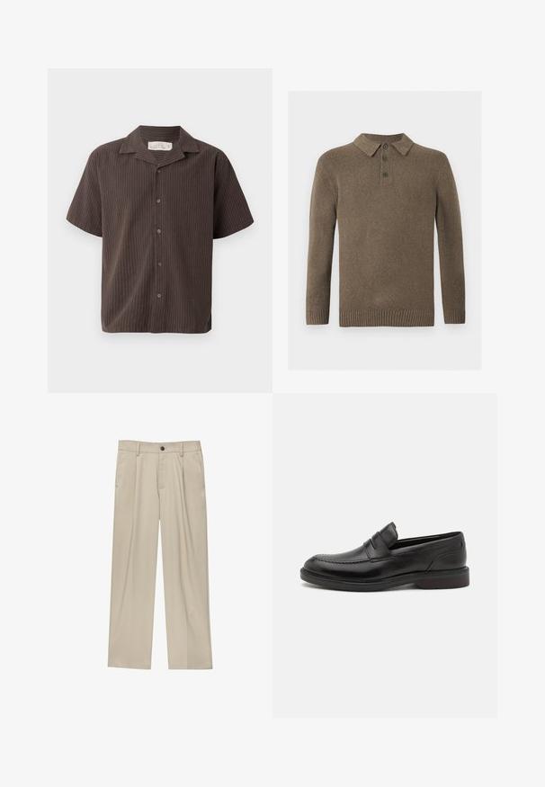 Maglione polo a maniche lunghe in maglia marrone con tre bottoni scuri e polsini e orlo a coste, esposto su uno sfondo bianco.; Maglietta a maniche corte in marrone scuro con strisce verticali chiare, design con colletto, chiusura a bottoni e vestibilità comoda. Tessuto morbido e trama liscia.; T-shirt bianco in cotone con maniche corte, scollatura a girocollo e orlo dritto. Tessuto liscio, design minimalista senza motivi o dettagli.; Pantaloni beige a taglio dritto, con un solo bottone nero, passanti per la cintura e tasche laterali. Tessuto dalla texture liscia e design minimale.; Mocassini neri in pelle con dettagli cuciti sulla punta, doppie cinghie orizzontali sul vamp e tacco in legno. Texture liscia e forma arrotondata.
