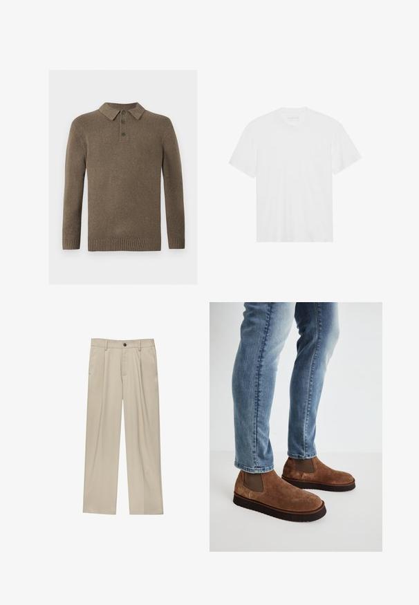 Rjav pleteni svetre s dolgimi rokavi in tremi temnimi gumbi ter rebrastimi manšetami in robom, prikazan na beli podlagi.; Bela bombažna majica s kratkimi rokavi, krožnim izrezom in ravnim robom. Gladka tekstura, minimalistična zasnova brez vzorcev ali okrasov.; Bež hlače ravnega kroja, z enim črnim gumbom, zanke za pas in stranskimi žepi. Gladka tekstura tkanine in minimalističen dizajn.; Rjave semiš gležnjarje z elastičnimi stranskimi paneli, debele črne gumijaste podplate, v kombinaciji z svetlo modrimi ozkimi jeans hlačami.