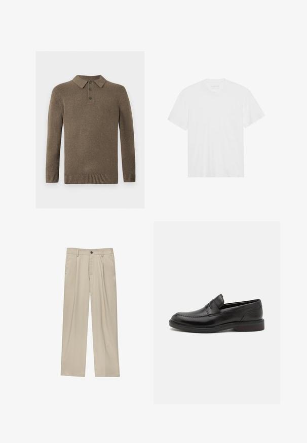 Brun strikket polo sweatervest med lange ærmer, tre mørke knapper og ribbede manchetter og kant, præsenteret på en hvid baggrund.; Hvid bomulds T-shirt med korte ærmer, rund halsudskæring og lige kant. Glat tekstur, minimalistisk design uden mønstre eller accenter.; Beige bukser med lige snit, der har en enkelt sort knap, bæltestropper og sidelommer. Glat stoftekstur og minimalistisk design.; Sorte læderloafers med en syet tådetalje, to vandrette remme over forsiden, og en træhæl. Glat tekstur og afrundet form.