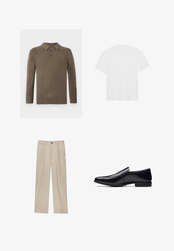 Brun strikket polo sweatervest med lange ærmer, tre mørke knapper og ribbede manchetter og kant, præsenteret på en hvid baggrund.; Hvid bomulds T-shirt med korte ærmer, rund halsudskæring og lige kant. Glat tekstur, minimalistisk design uden mønstre eller accenter.; Beige bukser med lige snit, der har en enkelt sort knap, bæltestropper og sidelommer. Glat stoftekstur og minimalistisk design.; Sorte lædersko uden snørebånd med spids tå, poleret finish, subtile syninger og en lav gummisål.