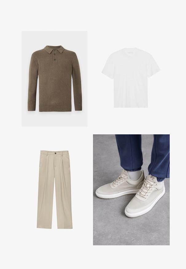 Hnedý pletený polo sveter s dlhým rukávom, s tromi tmavými gombíkmi a rebrovanými manžetami a spodným okrajom, vystavený na bielom pozadí.; Biela bavlnená tričko s krátkymi rukávmi, klasickým výstrihom a rovnými okrajmi. Hladká textúra, minimalistický dizajn bez vzorov alebo akcentov.; Béžové nohavice s rovný strihom, s jedným čiernym gombíkom, pútkami na opasok a bočnými vreckami. Hladká textúra látky a minimálny dizajn.; Béžové tenisky s textúrovaným materiálom, okrúhlou špičkou, šnúrkami a minimalistickým dizajnom. Biela podrážka s jemným hnedom detajlom. Nosí sa s námorníckymi joggers.