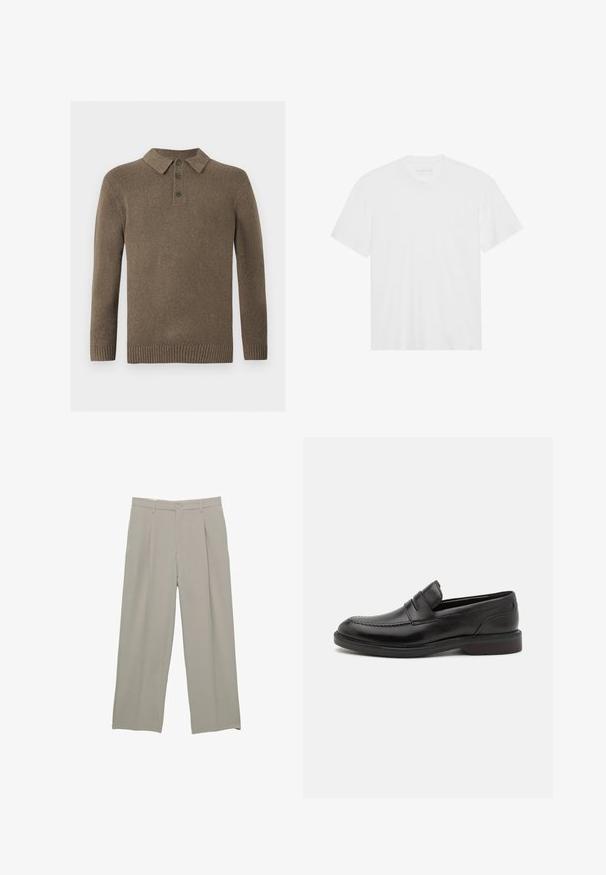 Brauner Strick-Polo-Pullover mit langen Ärmeln, drei dunklen Knöpfen und gerippten Bündchen und Saum, auf einem weißen Hintergrund präsentiert.; Weißes Baumwoll-T-Shirt mit kurzen Ärmeln, Rundhalsausschnitt und geradem Saum. Glatte Textur, minimalistisches Design ohne Muster oder Akzente.; Hellgraue weit geschnittene Hosen mit glatter Textur, mit vorderen Falten, Knopfverschluss und seitlichen Taschen.; Schwarze Lederloafers mit genähter Zehenpartie, zwei horizontalen Riemen über dem Blatt und einem Holzabsatz. Glatte Textur und abgerundete Form.