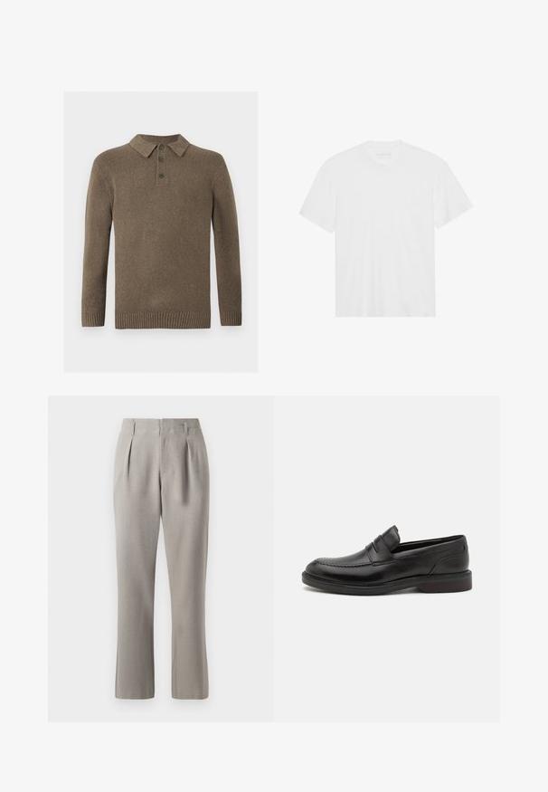 Kahvi neule pitkähihaisen polo neuleen, jossa on kolme tummapainiketta sekä ribbireunat hihoissa ja helmassa, eläytyy valkoisella taustalla.; Valkoinen puuvillainen t-paita lyhyillä hihoilla, pyöreällä kaula-aukolla ja suoralla helmalla. Tasainen pinta, minimalistiinen muotoilu ilman kuvioita tai korostuksia.; Harmaat räätälöidyt housut, joissa on sileä pinta, etupleatsit, vyölenkit ja suorat lahkeet. Materiaali näyttää rakenteelliselta ja kevyeltä.; Musta nahka loaferi, jossa on ommeltu varvaspinta, kaksinkertaiset vaakasuorat hihnat päällekkäin ja puinen korko. Sileä pinta ja pyöristetty muoto.