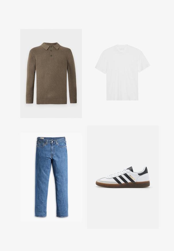 Brązowy, dzianinowy sweter polo z długim rękawem, z trzema ciemnymi guzikami oraz ściągaczami przy mankietach i u dołu, prezentowany na białym tle.; Biała bawełniana koszulka z krótkim rękawem, okrągłym dekoltem i prostym dołem. Gładka faktura, minimalistyczny design bez wzorów i akcentów.; Niebieskie dżinsy o prostym kroju nogawki, miedziane nity i pięć kieszeni. Posiadają przyszyty dół oraz klasyczny pasek w talii z szlufkami.; Białe skórzane sneakersy z czarnymi zamszowymi akcentami, trzema czarnymi paskami, beżową gumową podeszwą i złotym logo "SPEZIAL" na boku.
