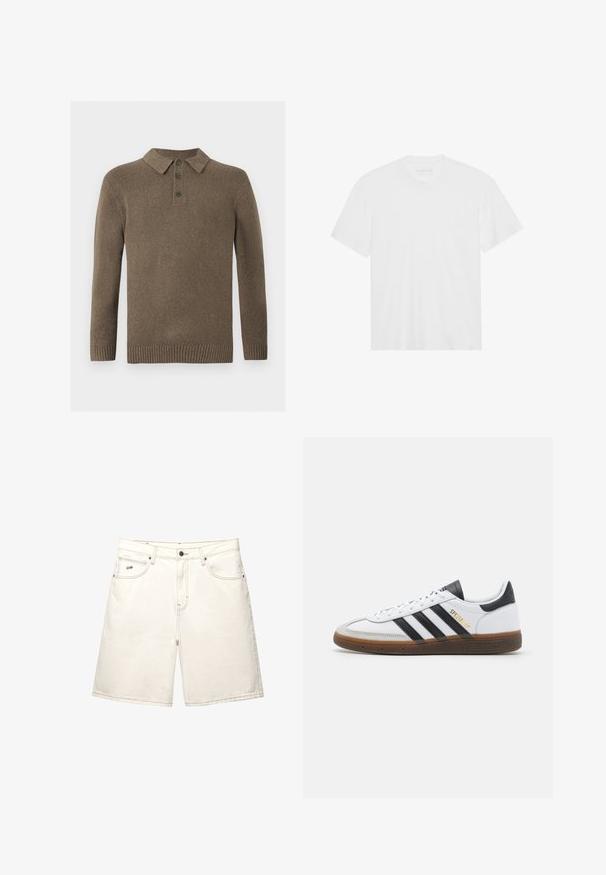 Maglione polo a maniche lunghe in maglia marrone con tre bottoni scuri e polsini e orlo a coste, esposto su uno sfondo bianco.; T-shirt bianco in cotone con maniche corte, scollatura a girocollo e orlo dritto. Tessuto liscio, design minimalista senza motivi o dettagli.; Shorts in denim bianco con taglio dritto, cinque tasche e cuciture a vista. Presentano una chiusura con bottone frontale e un piccolo logo del brand sul lato.; Sneaker in pelle bianca con dettagli in suede neri, tre strisce nere, suola in gomma beige e branding dorato "SPEZIAL" di lato.
