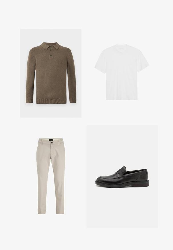 Brun stickad långärmad polo-tröja med tre mörka knappar och ribbade ärmslut och nederkant, visad mot en vit bakgrund.; Vit bomull t-shirt med kort ärm, rundad halsringning och rak nederdel. Slät textur, minimalistisk design utan mönster eller detaljer.; Beiga bomullsjeans med rak bendesign, med framknäppning och bältesöglor. Slät textur, minimalistisk stil.; Svarta läderloafers med en stickad tådetalj, två horisontella remmar över foten och en träklack. Slät textur och rund form.