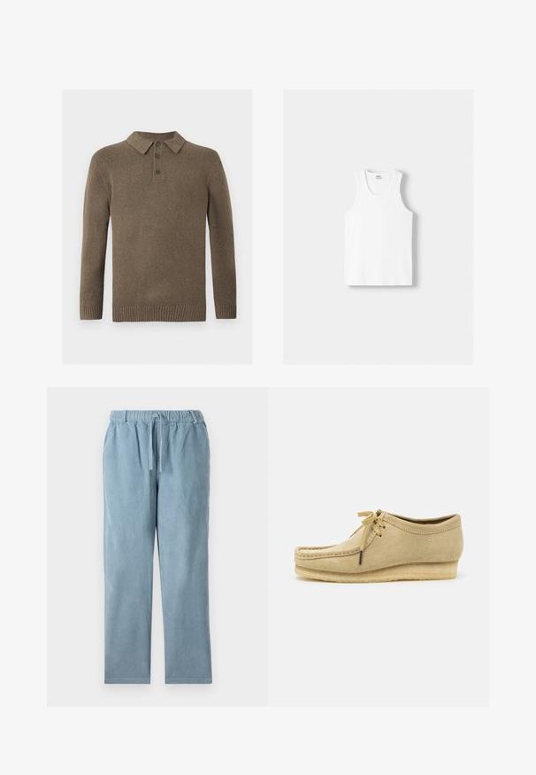 Bruine gebreide lange mouwen polo trui met drie donkere knopen en geribde manchetten en boord, weergegeven op een witte achtergrond.; Witte katoenen tanktop met een ronde halslijn, brede schouderbanden en een rechte zoom, met een gladde textuur en zonder zichtbare patronen.; Lichtblauwe corduroybroek met een elastische tailleband, trekkoord, rechte pijp en geribbelde textuur. Geen zichtbare zakken.; Beige suède schoen met een vetersluiting, gestikte details en een rubberen zool. De vorm is casual met een lichte sleehak.