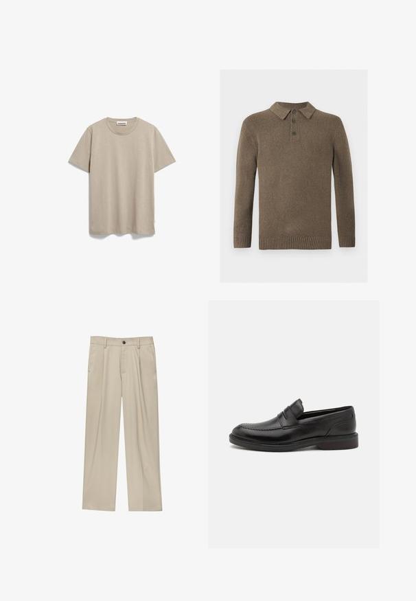 Brauner Strick-Polo-Pullover mit langen Ärmeln, drei dunklen Knöpfen und gerippten Bündchen und Saum, auf einem weißen Hintergrund präsentiert.; ARMEDANGELS JAAMEL STRUCTURE - T-Shirt basic - sand stone; Beige Hosen mit geradem Schnitt, ausgestattet mit einem einzelnen schwarzen Knopf, Gürtelschlaufen und Seitentaschen. Glatte Stofftextur und minimalistisches Design.; Schwarze Lederloafers mit genähter Zehenpartie, zwei horizontalen Riemen über dem Blatt und einem Holzabsatz. Glatte Textur und abgerundete Form.