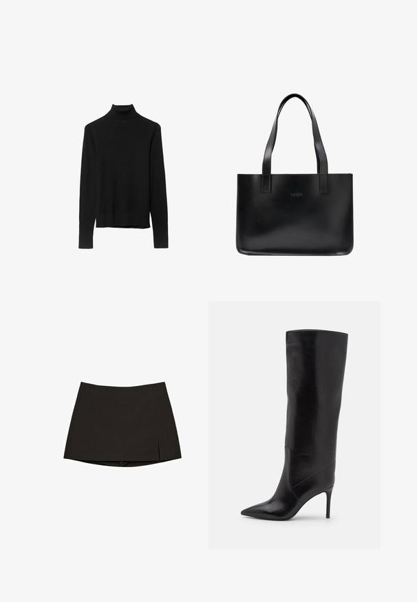 Schwarzer Rollkragenpullover aus weichem Strickstoff. Mit langen Ärmeln und einer engen Passform sowie einem geraden Saum.; Schwarzer Minirock aus glattem Stoff, mit geradem Schnitt, Seitenschlitzen und sauberem Saum. Einfach und vielseitig.; Jeffrey Campbell ARSEN - Stiefel - black; Schwarze Leder-Shopper-Tasche mit zwei langen Griffen, glatter Textur, rechteckiger Form, minimalistischen Design und eingeprägtem Logo auf der Vorderseite.