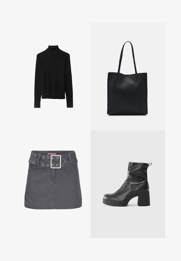 Črna pulover majica z visoko ovratnikom, izdelana iz mehkega pletenega materiala. Ima dolge rokave in prilegajočo se zasnovo s ravnim robom.; Siva bombažna mini krila z širokim pasom, ki ima srebrne zakovice in kvadratno kovinsko spono, zasnovana z jasno, ravno silhueto.; Črne gležnjarje iz gladke kože z božnim zadrgo, masivnim teksturiranim peto in zaobljeno obliko prstov.; Črna usnjena torba s svilnato teksturo, pravokotne oblike in dvema dolgima ročajema. Brez vidnih metalnih delov ali okrasnih elementov.
