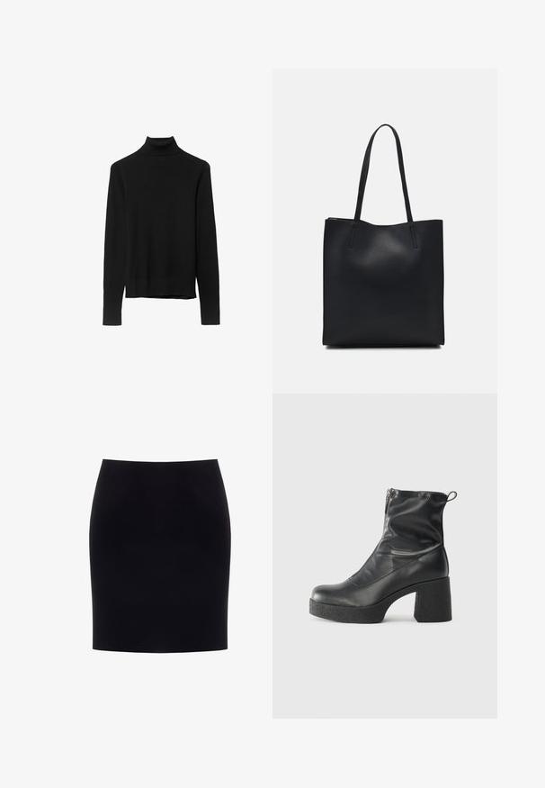 Schwarzer Rollkragenpullover aus weichem Strickstoff. Mit langen Ärmeln und einer engen Passform sowie einem geraden Saum.; Schwarzer knielanger Bleistiftrock mit tailliertem Schnitt und glatter, einfarbiger Oberfläche, auf einem weißen Hintergrund präsentiert.; Schwarze Stiefeletten aus glattem Leder mit seitlichem Reißverschluss, klobigem strukturiertem Absatz und runder Zehenform.; Schwarze Laptoptasche aus Leder mit glatter Textur, rechteckiger Form und zwei langen Griffen. Keine sichtbaren Beschläge oder Verzierungen.